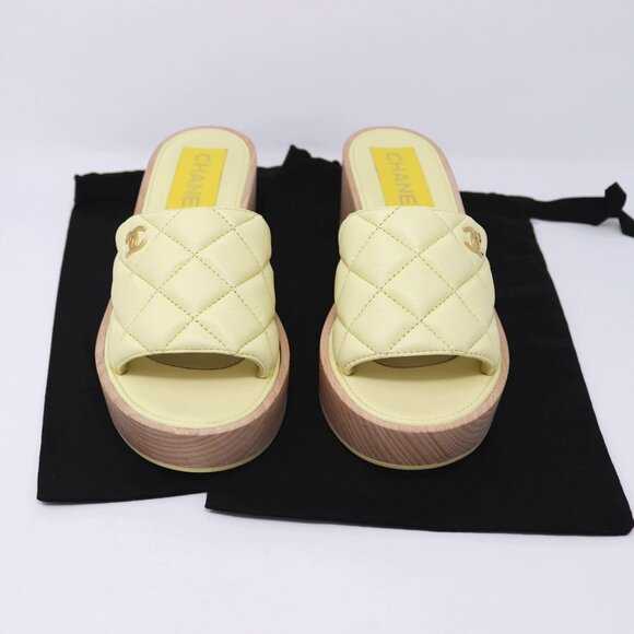 Chanel 38 Interlocking CC Logo Wood Sandal Mule Quilted Yellow Leather - Picture 5 of 15